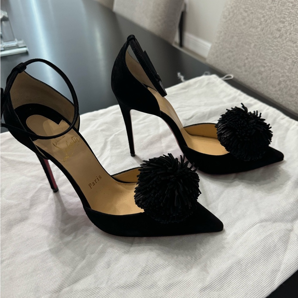 Christian Louboutin Suede Pom Pom Heels